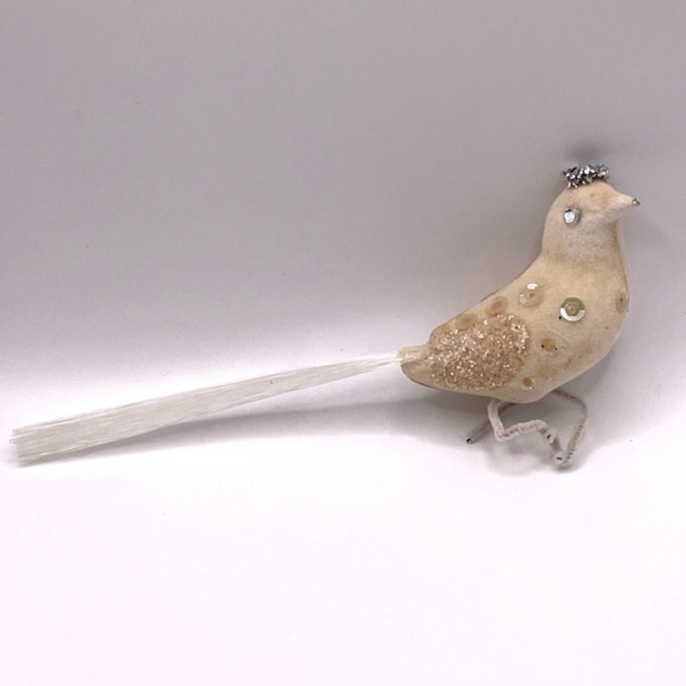 Vintage Hong Kong Flocked Bird 7" Christmas Ornament Silver Tinsel Tie On